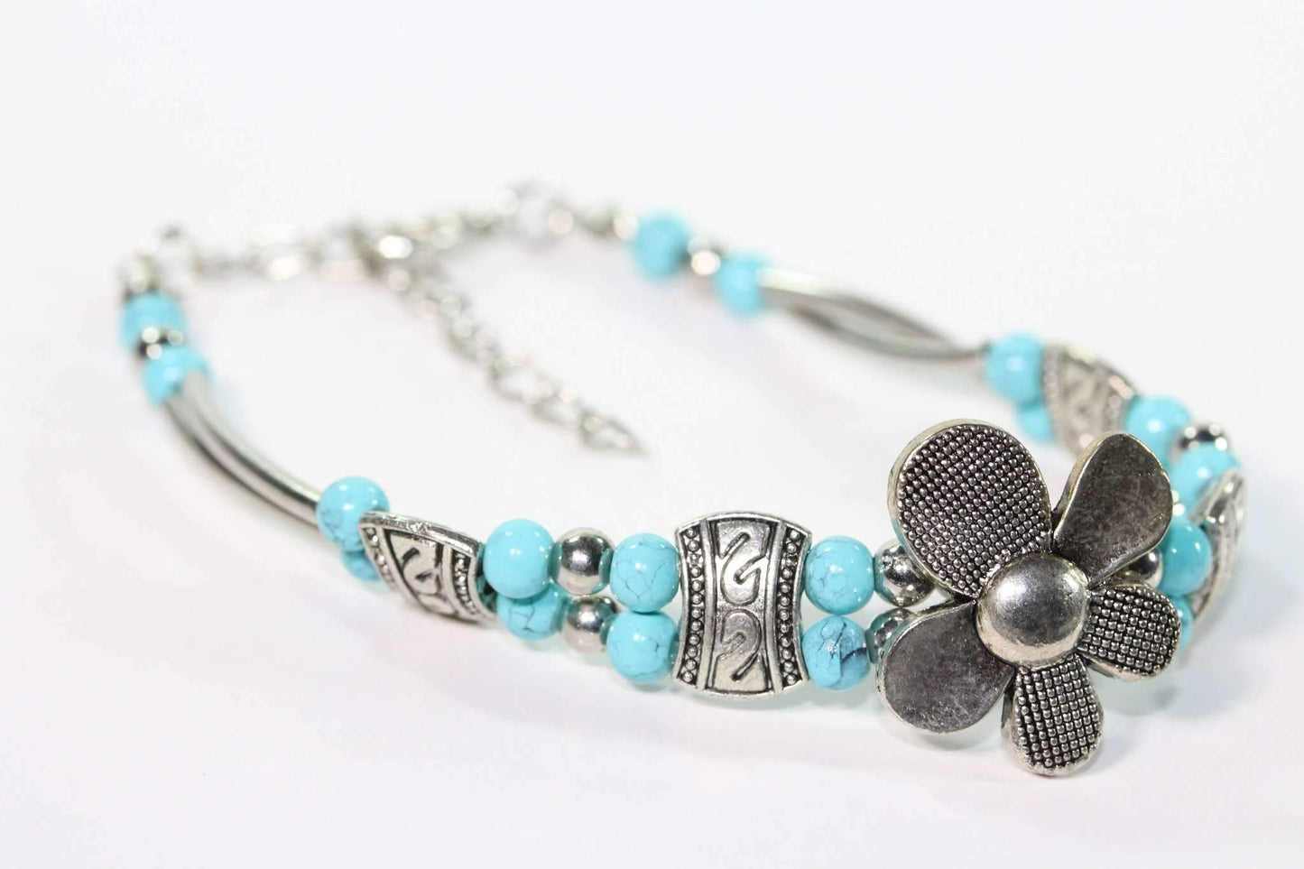 Bracelet Fleur Pétale Argent Turquoise avec Rallonge