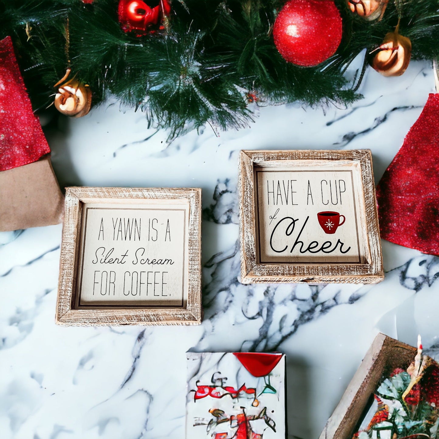 Tasse Freude doppelseitiges Coffee Bar Schild Feiertage Winter Kaffee Deko rote Tasse Schneeflocke