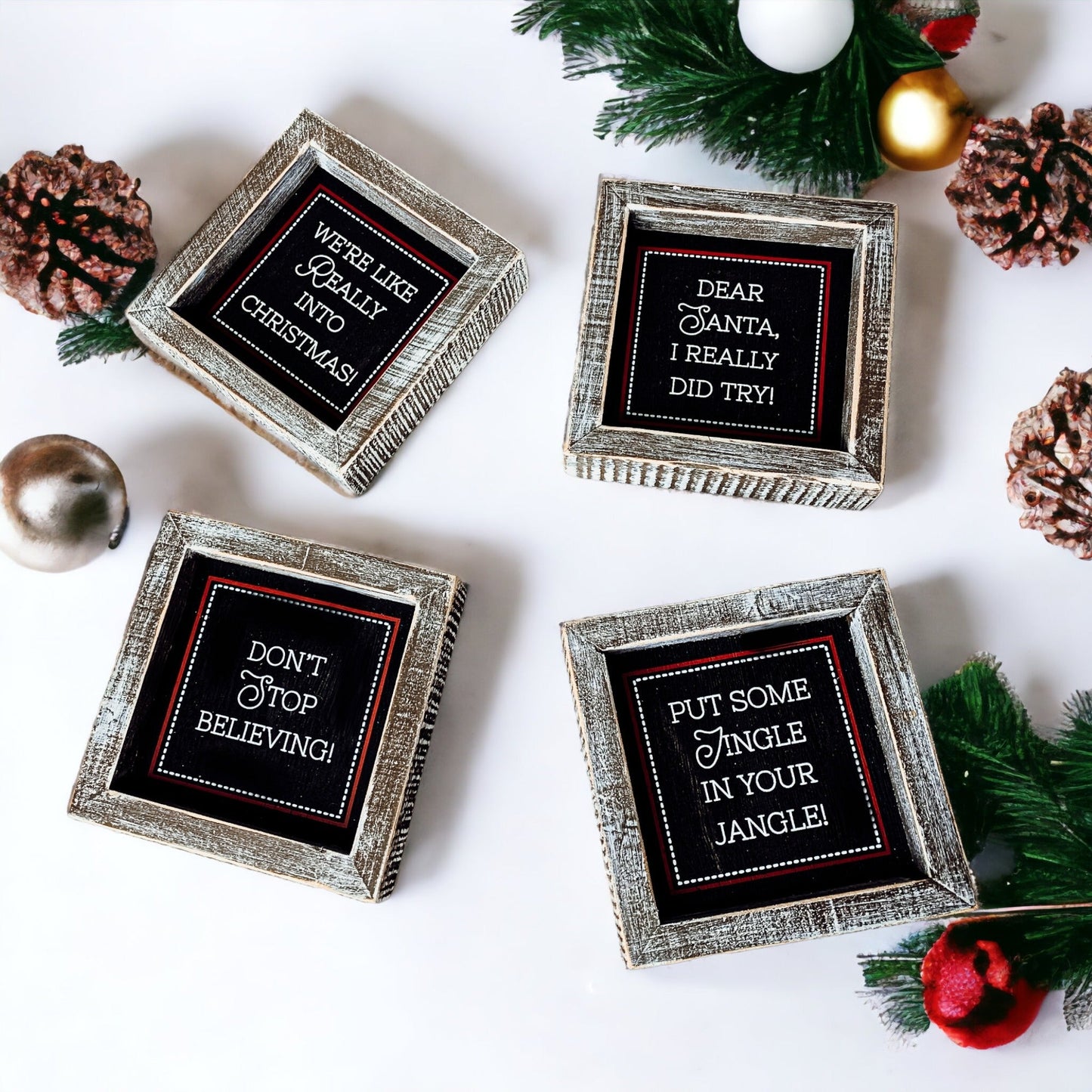 Black Chalkboard Style Wooden Christmas Sign Rustic Framed Holiday Wall Decor Set Of 4