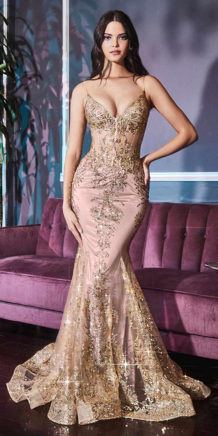 Cinderella Divine J810 Long Fitted Mermaid Gown Metallic Embroidered Lace