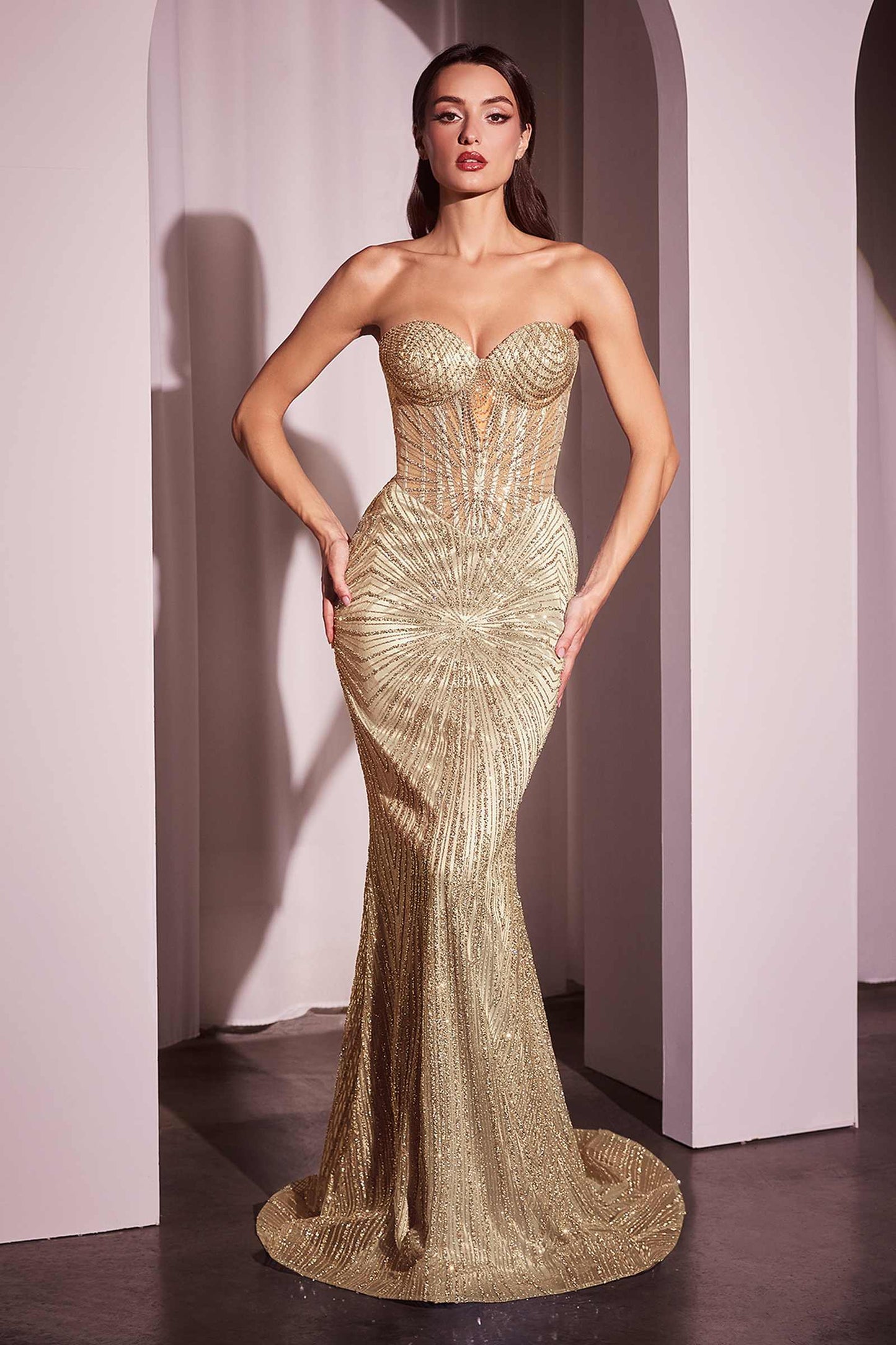 Ladivine J871 Long Sultry Fitted Strapless Embellished Prom Gown