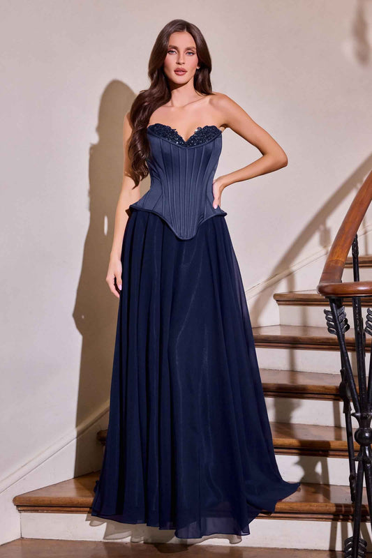 CLEARANCE - Ladivine J891 Fitted Corset Bodice Chiffon Skirt Navy Blue Gown (Size 12)