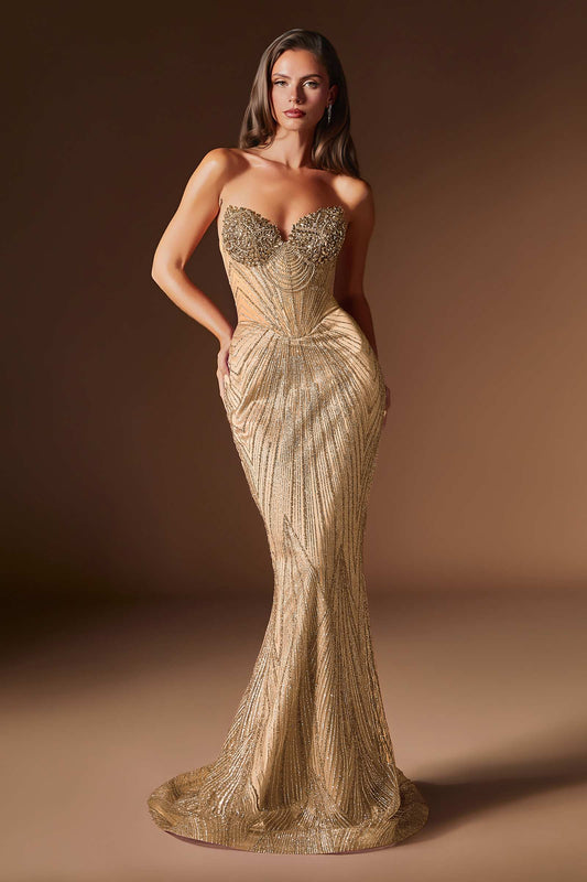 Ladivine J903 Lavish Crystal Encrusted Sheer Corset Bodice Fitted Gown