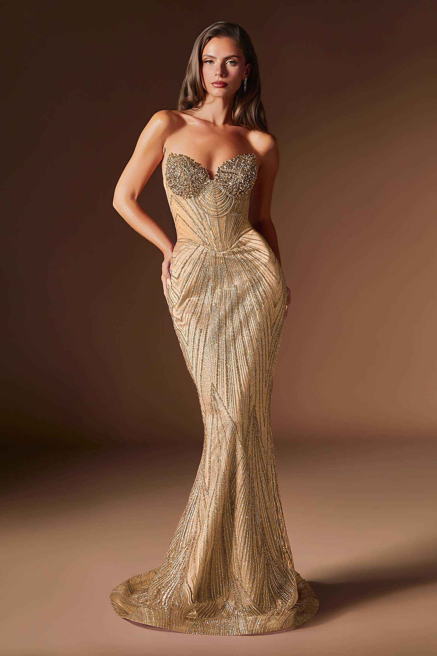 CLEARANCE - Ladivine J903 Crystal Sheer Corset Bodice Fitted Gold Gown (Size 6)