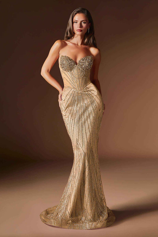 Ladivine J903 Lavish Crystal Encrusted Sheer Corset Bodice Fitted Gown