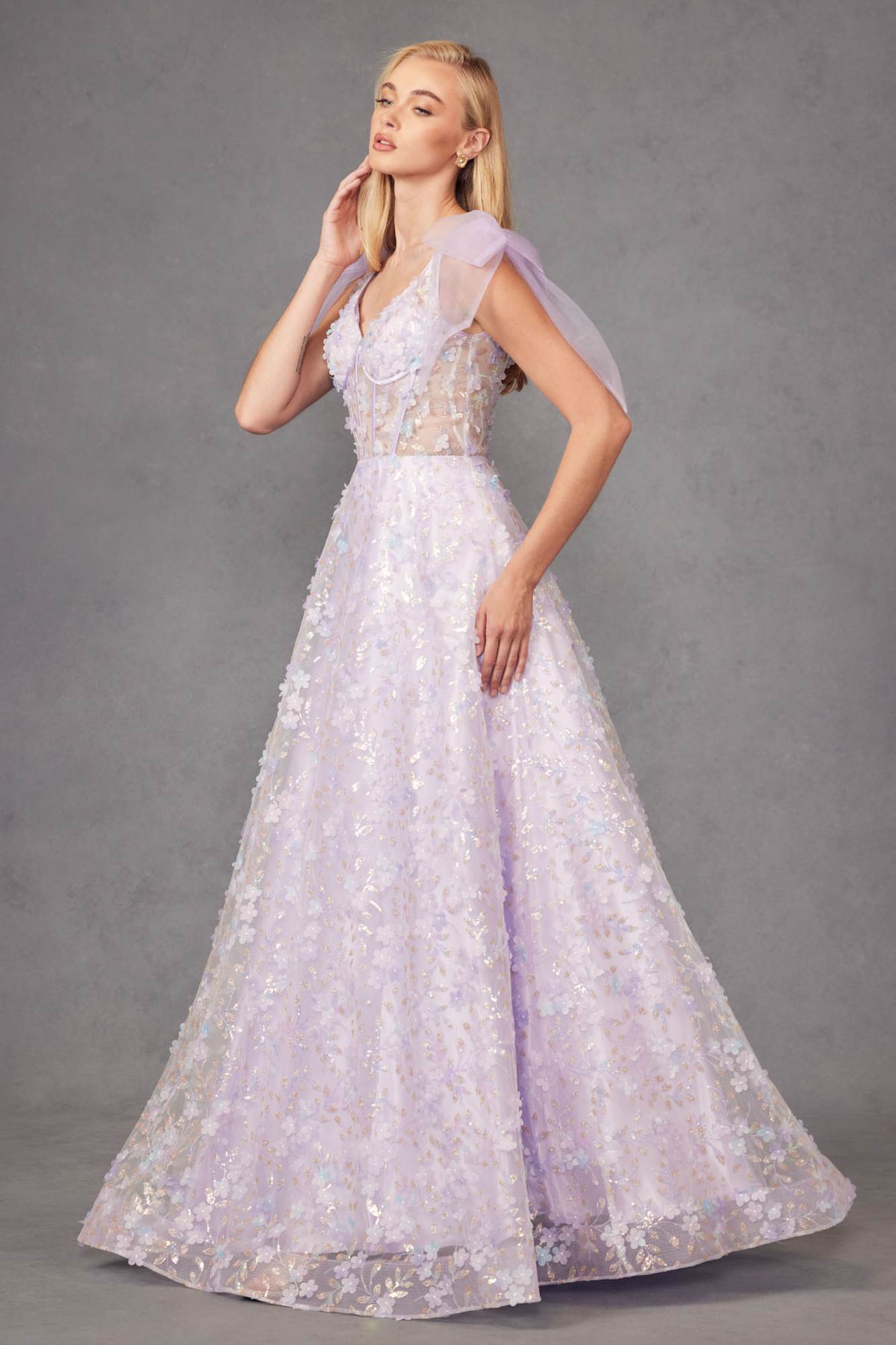 Juliet JT2439K Long 3D Floral Glitter Print Sleeveless A-line Gown