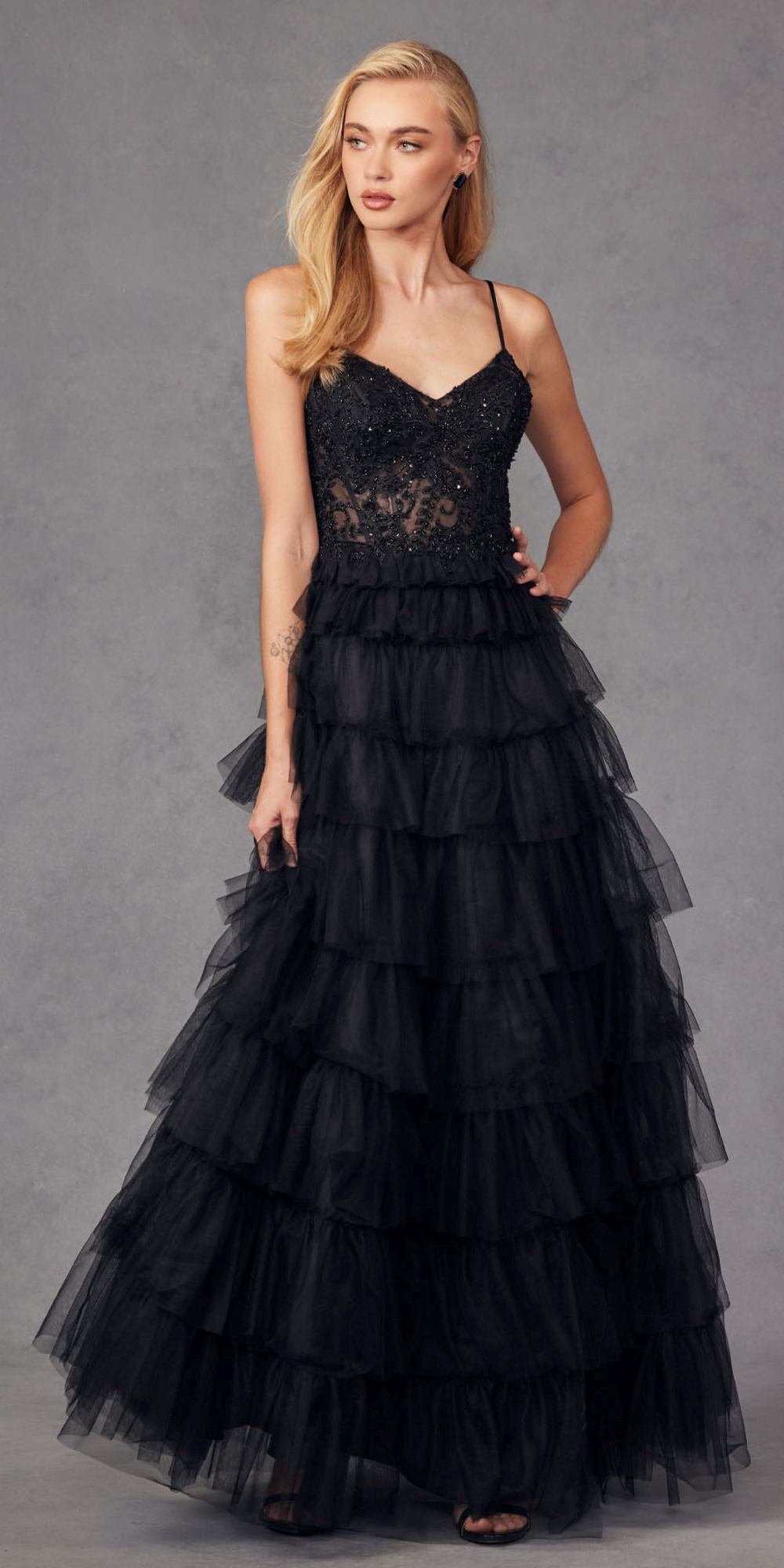 Juliet JT2451S Long Lace Bodice Sleeveless A-line Ruffled Gown