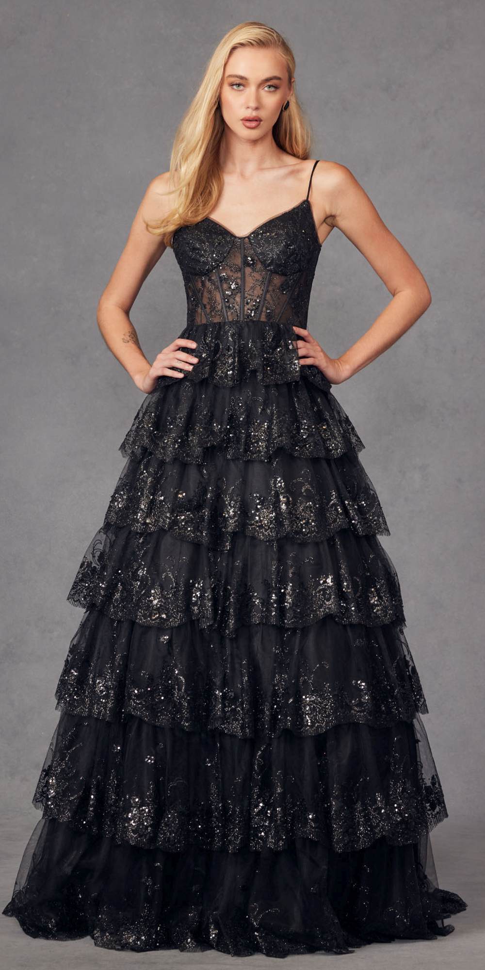 Juliet JT2454K Long Boned Bodice Tiered Layered Sequin Detail A-Line Gown