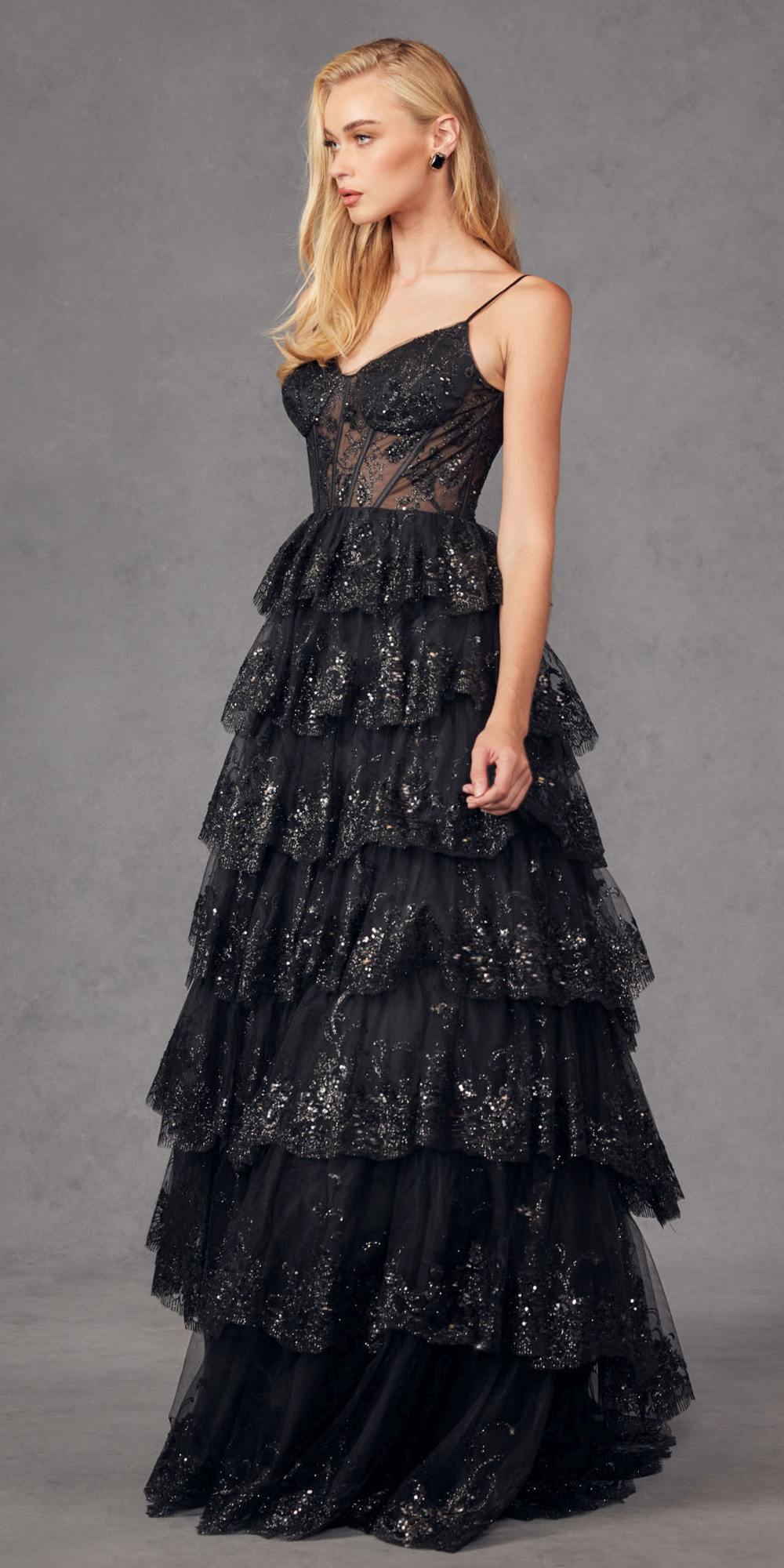 Juliet JT2454K Long Boned Bodice Tiered Layered Sequin Detail A-Line Gown