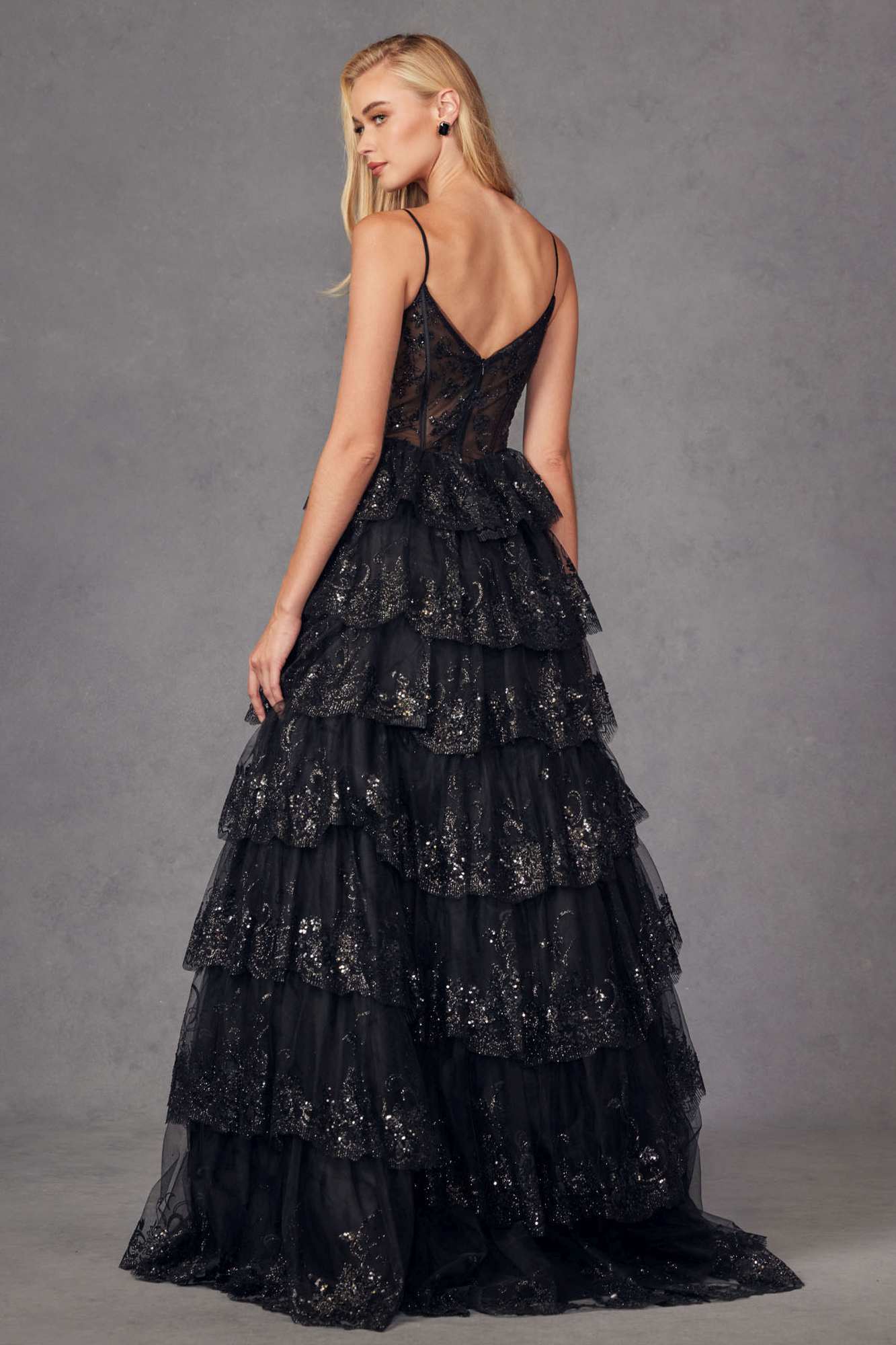 Juliet JT2454K Long Boned Bodice Tiered Layered Sequin Detail A-Line Gown