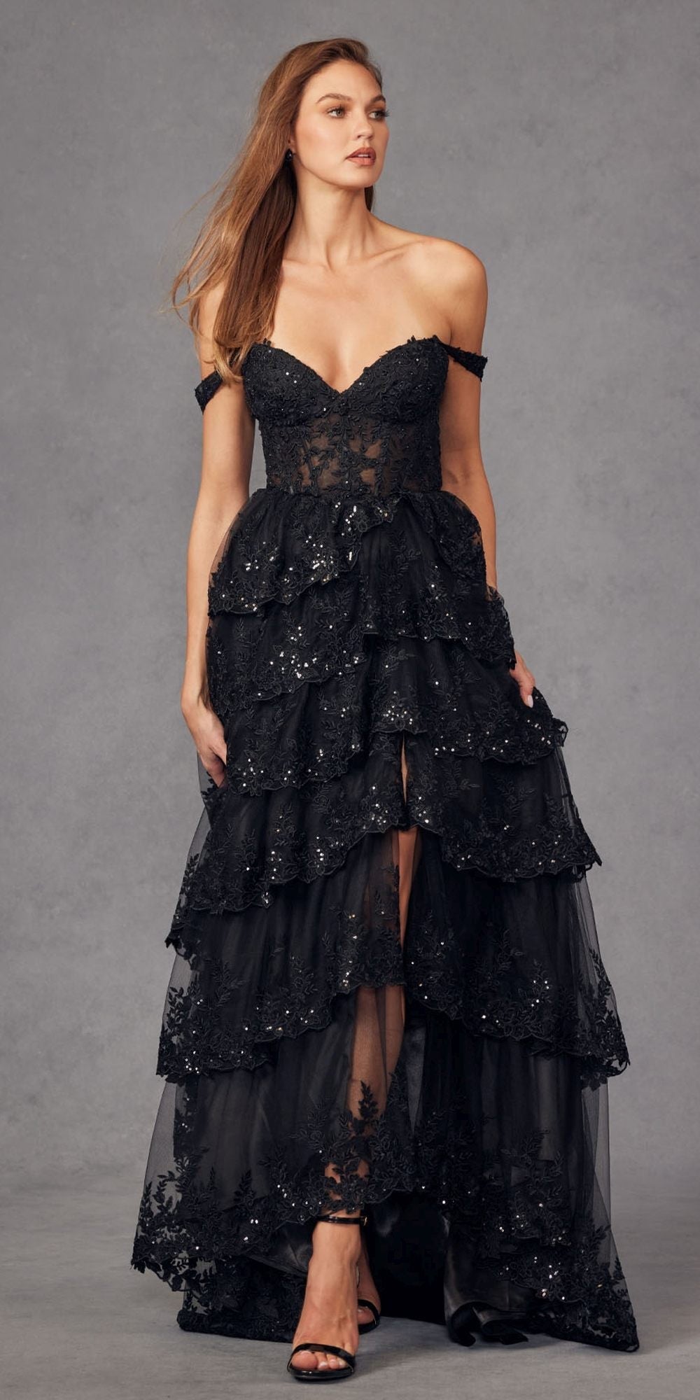 Juliet JT2463A Long Tiered Ruffled Skirt A-Line Boned Bodice Dress