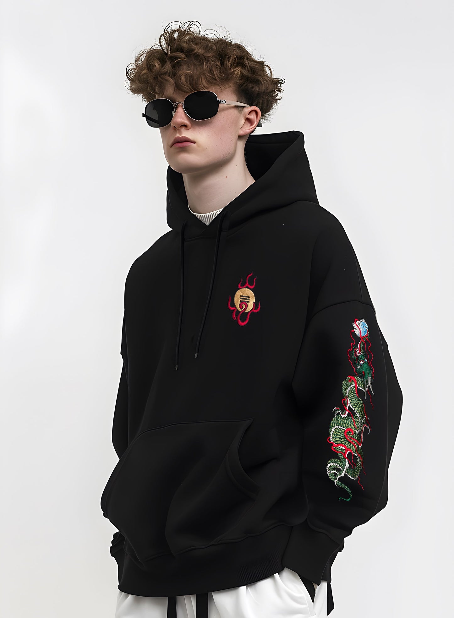 KH9005 Sweat à capuche brodé Dragon vert