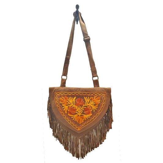 Kashida Embroidered Bihar Suede Fringe Tassel Shoulder Bag