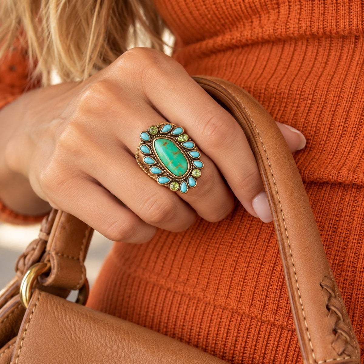 Statement-Ring in Limettengrün und Türkis mit Gold
