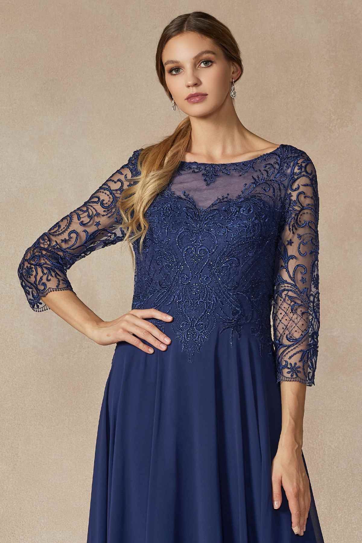 Juliet M11 Appliqued Long A-Line Dress Chiffon Quarter Sleeves