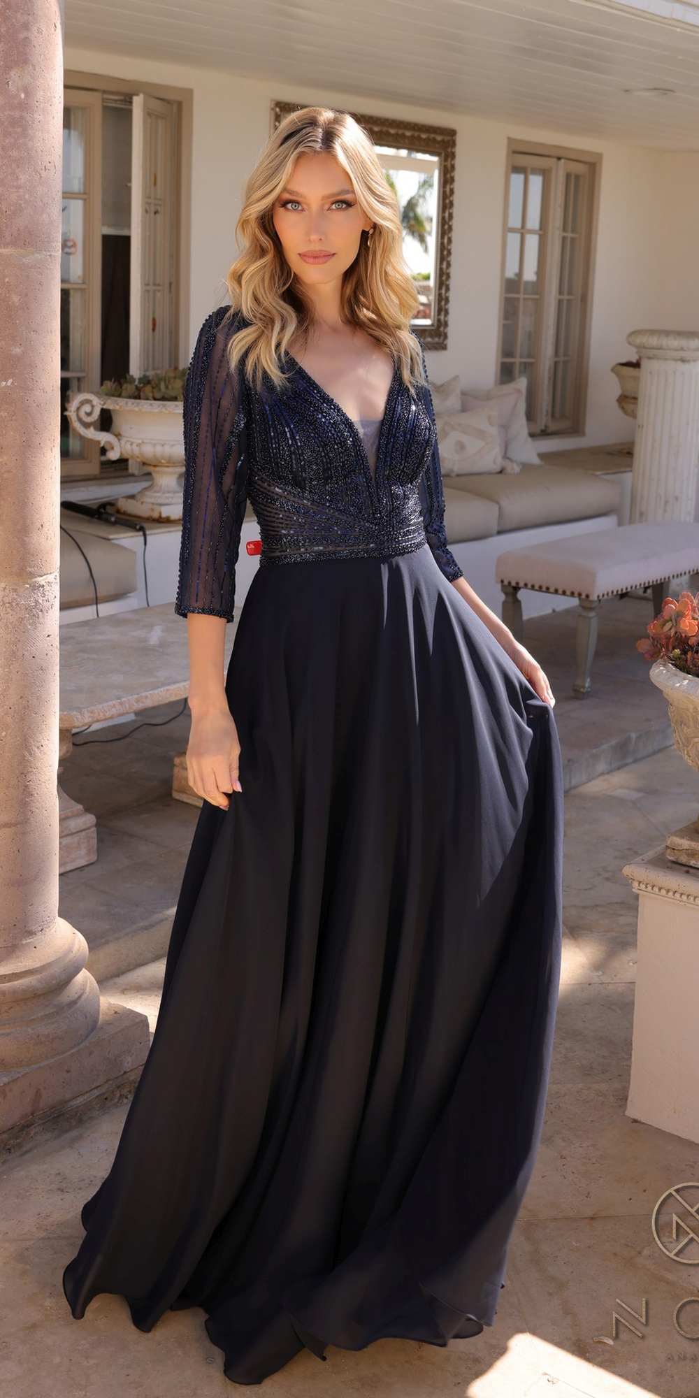 Nox Anabel MF101 Long V-Neck Embellished Bodice 3/4 Sleeve A-line Gown