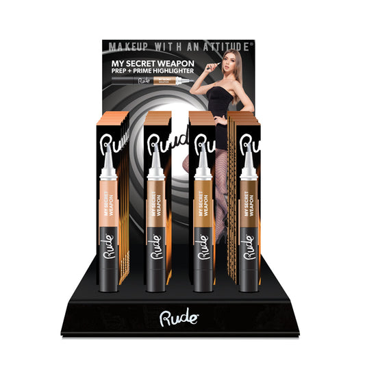 RUDE My Secret Weapon Prep / Prime Highlighter Acryldisplay-Set, 48 Stück + 4 Tester