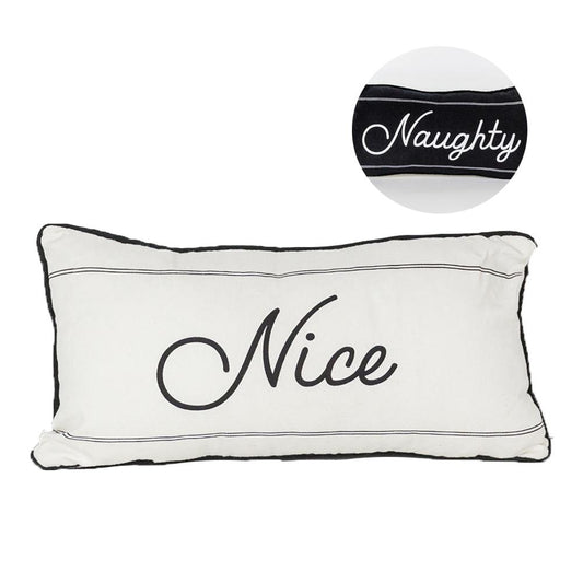 Coussin décoratif réversible en toile « Naughty Or Nice » noir et blanc, double face, pour les fêtes