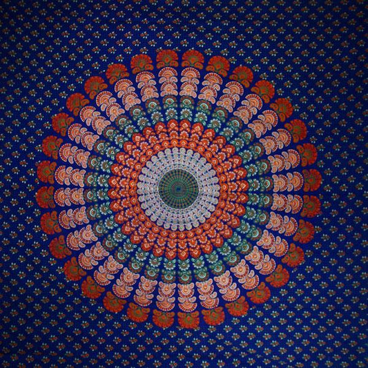 Tenture murale en coton motif paon mandala bleu marine