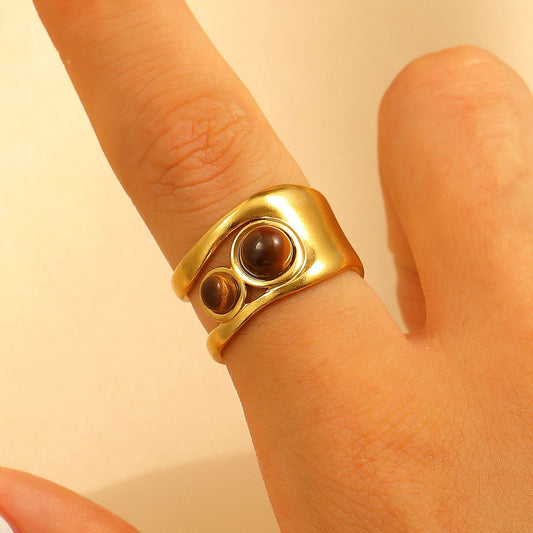 Stainless Steel Openwork Pearl & Tiger Eye Ring