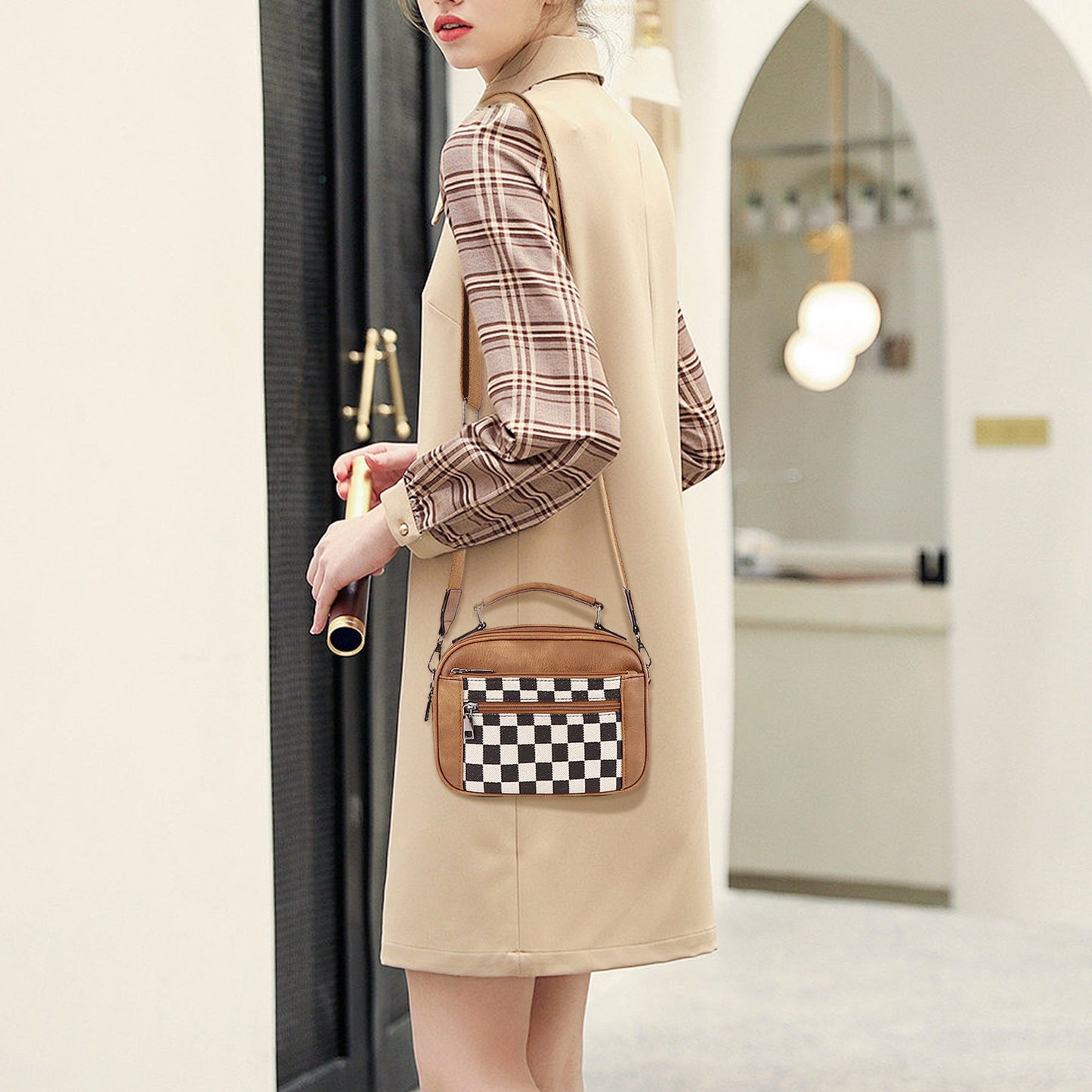 Chessboard double zipper small crossbody bag,Tote small crossbodyPU square bag, Small Crossbody Purse for Women Triple Zip,