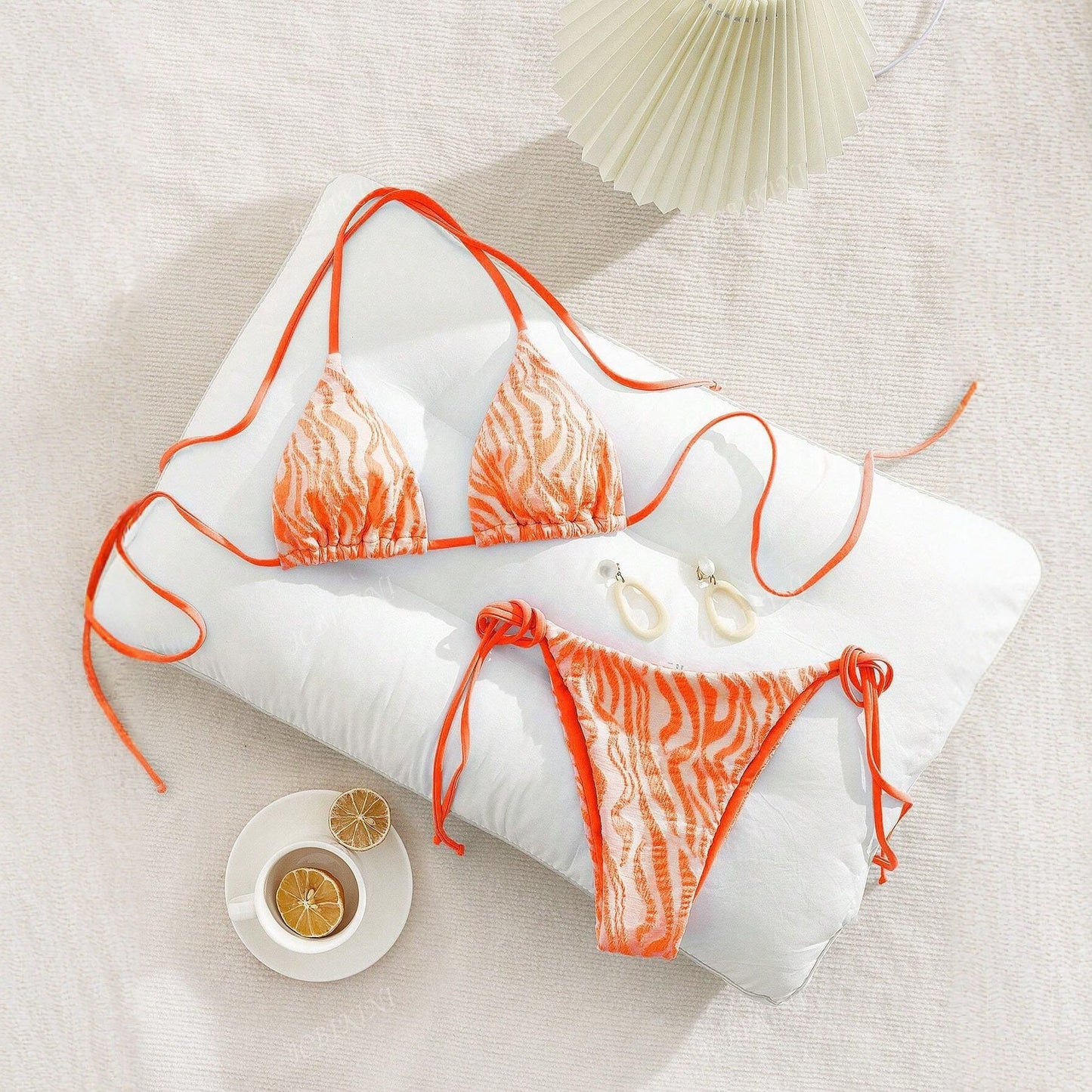 Women's Swimsuit Water Wave Pattern Bikini Set with Straps Sexy