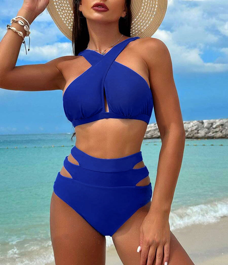 Bikini Two Piece Set Sexy Backless Cross Strap Solid Color Swimsuit Women