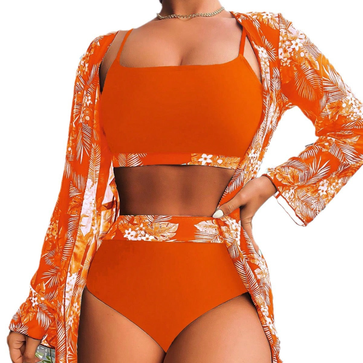 Maple Leaf Print Long Sleeve Patchwork Bikini Three Piece Separate Swimsuit for Women