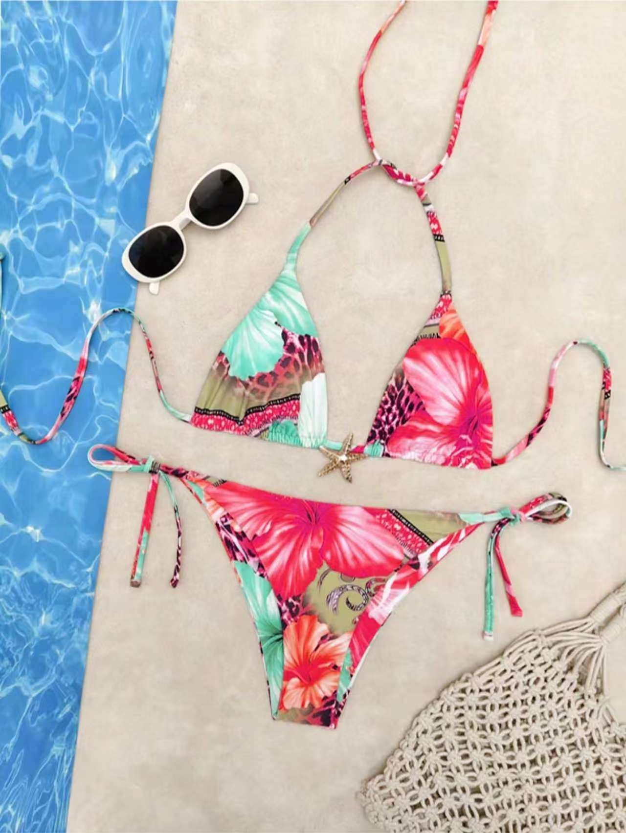 Lace-up Printed Bikini High-end Two-piece Swimsuit Set for Women