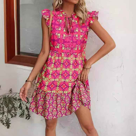 V-Neck Strap Flower Dress Cap Sleeve Printed Vacation Dress