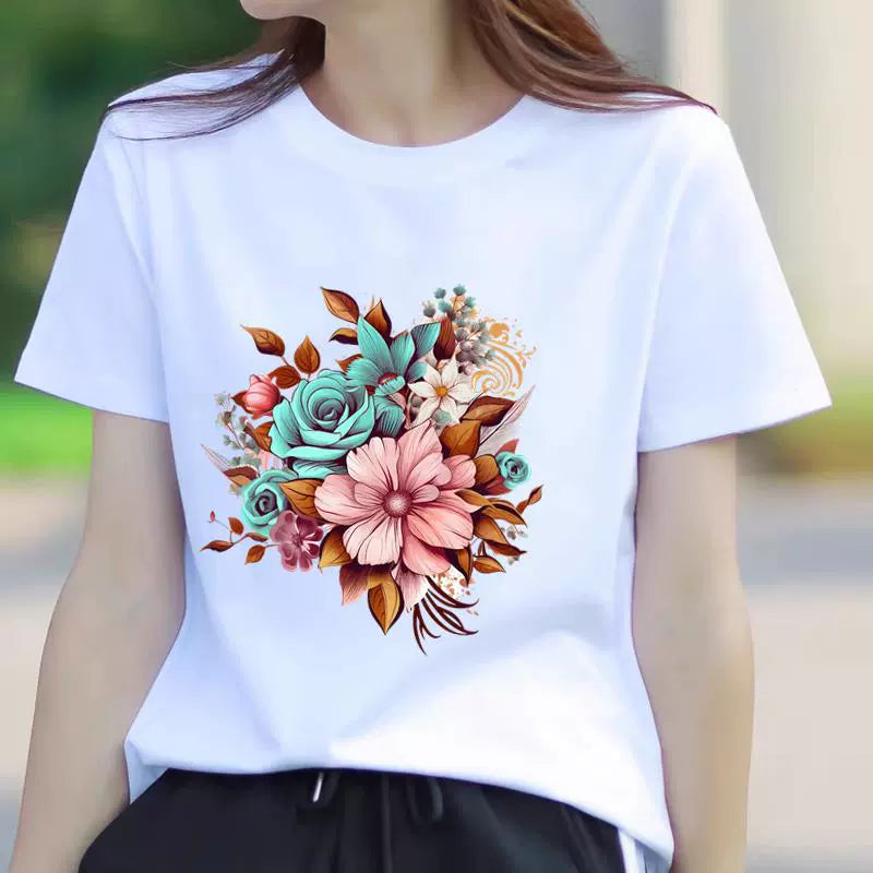 Women's Butterfly Floral Print Short Sleeve T-Shirt