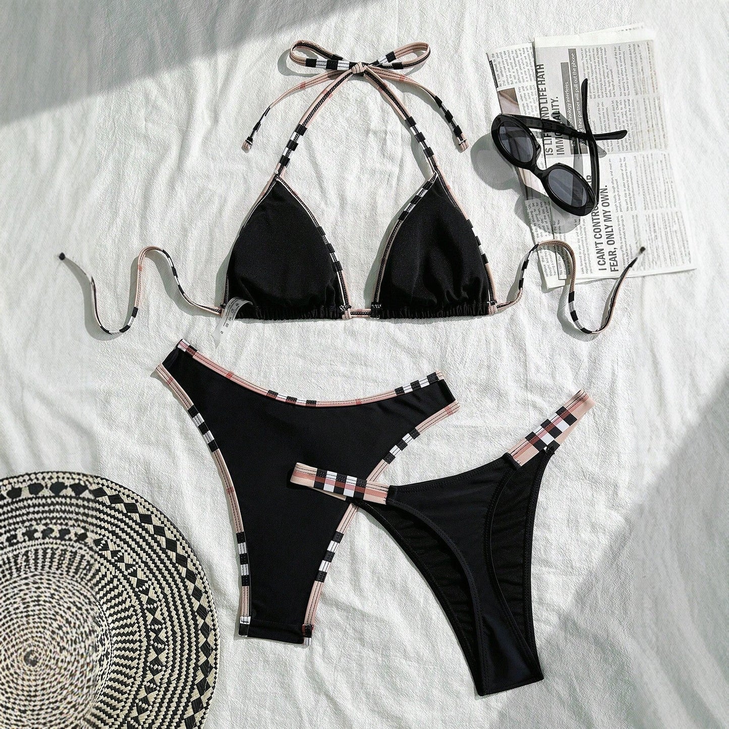 Plaid Trim Black Bikini Three Piece Swimsuit Separate Set Bikini Swimsuit Three Piece