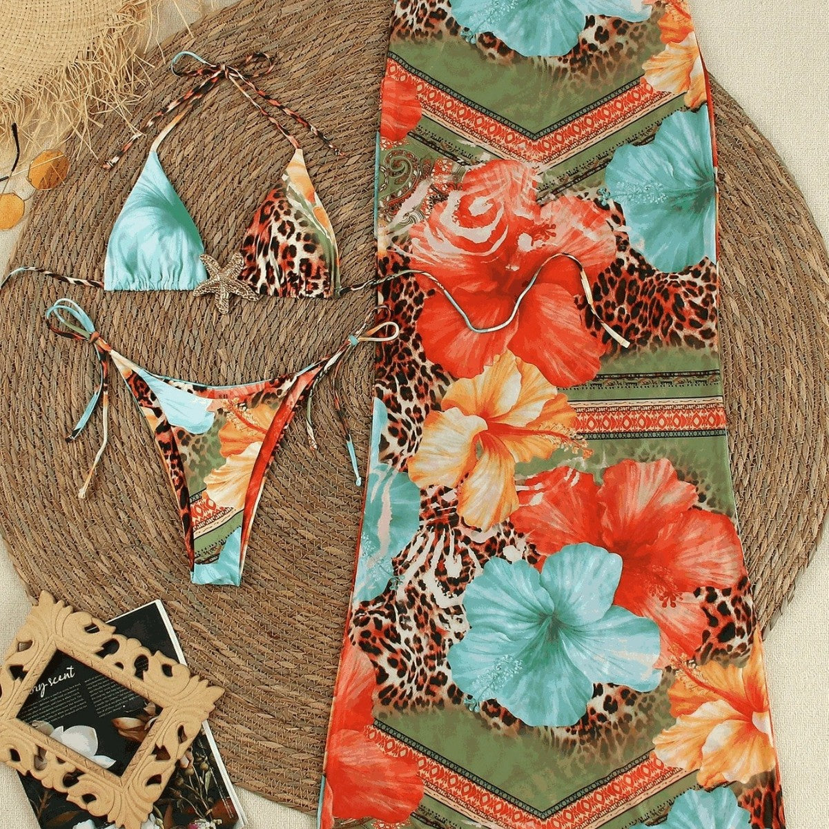 Printed Triangle Cup Sexy Quick Dry Cover Up Long Dress Bikini Three Piece Swimsuit for Women