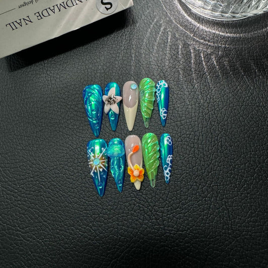 Original Fashion Ocean Pinch Carved Jellyfish Series Press on Nails Wholesale