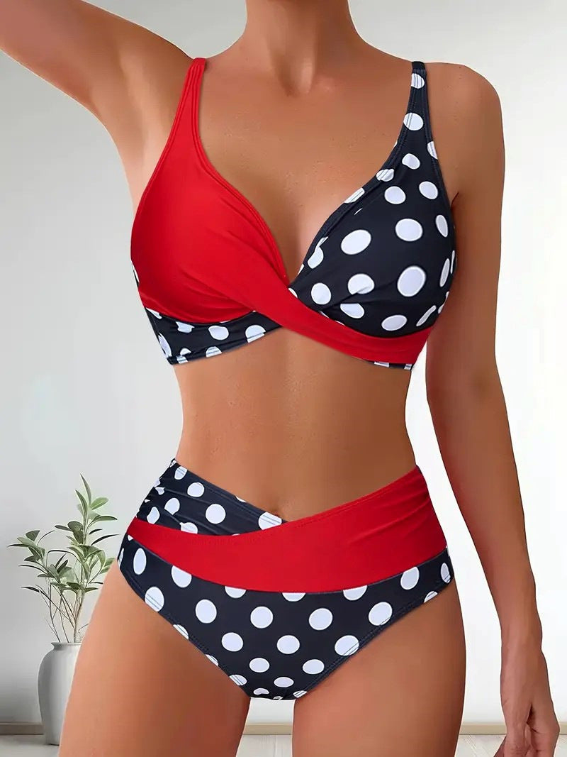 Printed Color Block Polka Dot Crisscross Backless Sexy Two Piece Swimsuit Bikini for Women