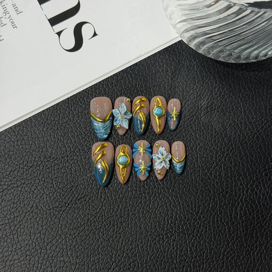 Luxury Gold Mirror Powder 3D Engraving HandmadePress on Nails Ice Through French Premium Sensory Display