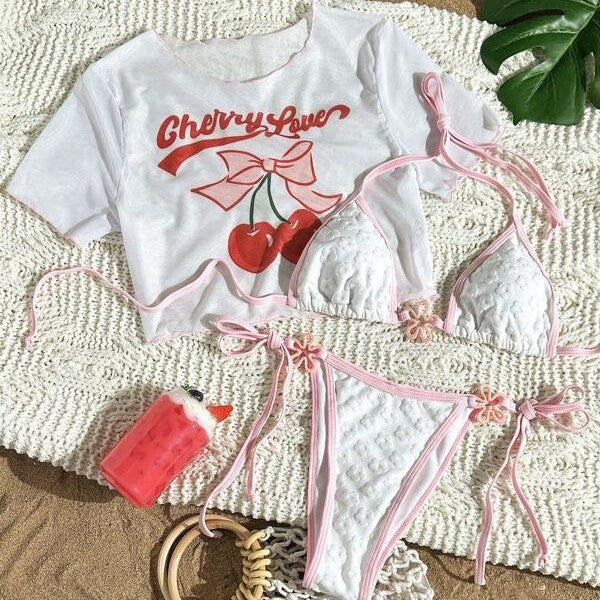 Women's Swimsuit Short Sleeve Cover Up Three Piece Bikini Fixed Print Drawstring Swimwear