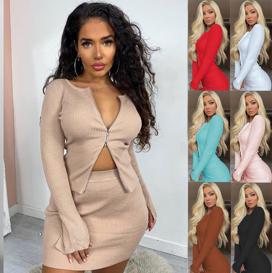 Double Zip Sunken Stripe Long Sleeve Top Skirt Set
