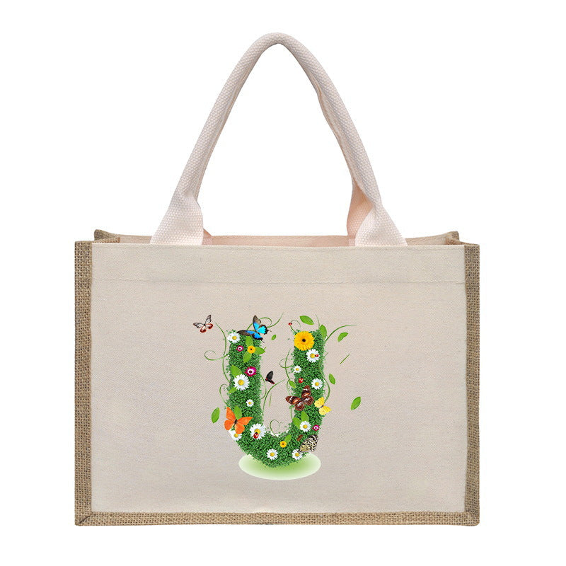 Cotton and linen canvas tote bag, printed letter tote bag, portable light handbag, gift shopping bag