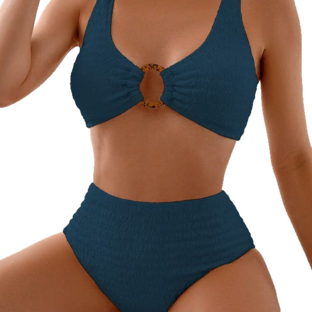 Two Piece Bikini Set Women's Sexy Solid Color with Ring High Waist Swimwear
