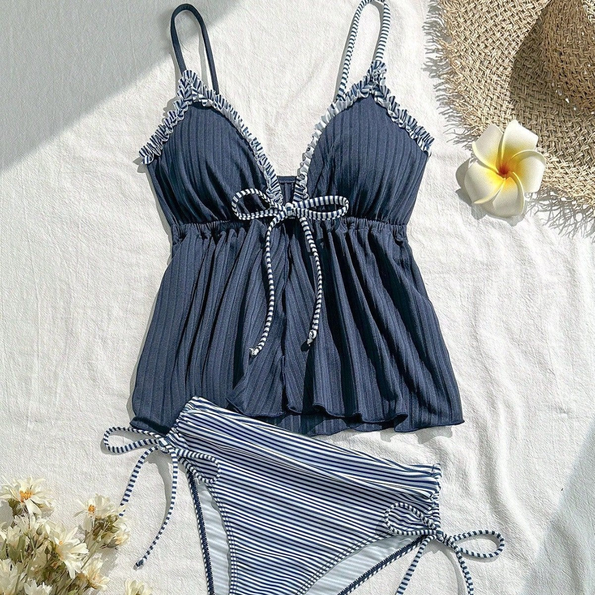 Tankini Swimwear for Women with Ruffled Two Tone Shoulder Straps and Tie Closure Bathing Suit
