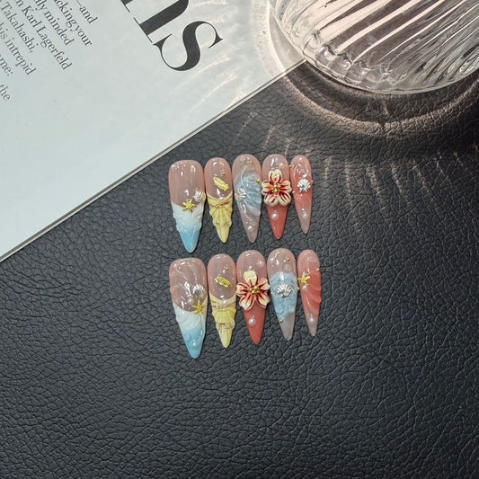 Dopamine Hand Painted 3D Carved Shell HandmadePress on Nails Removable