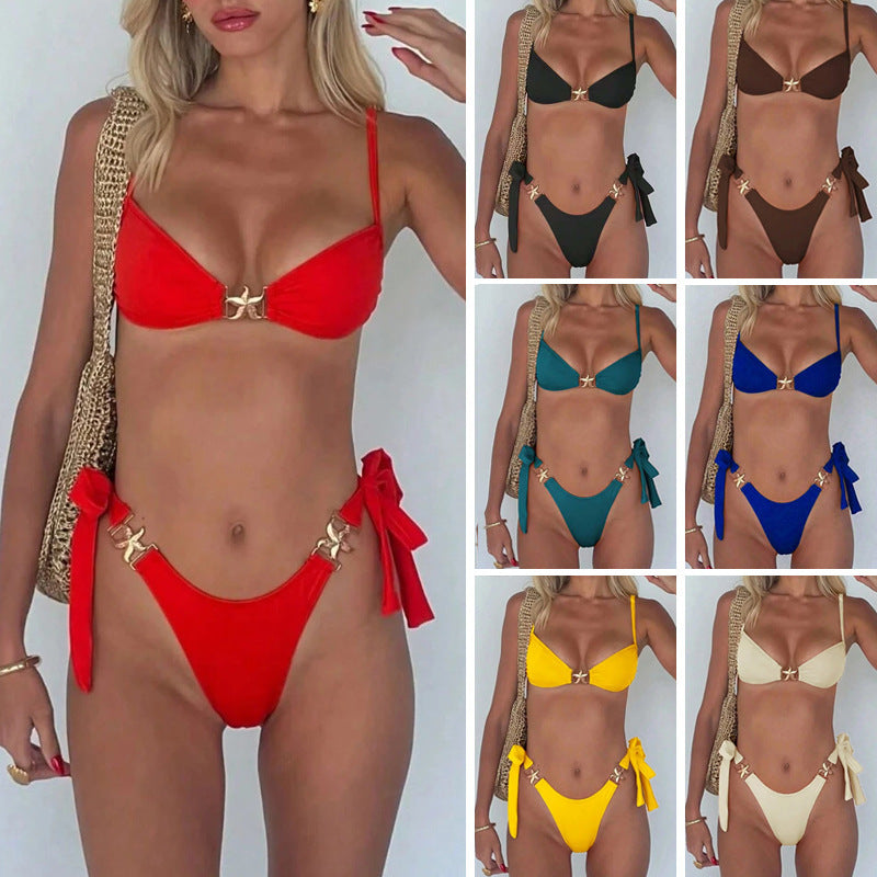 Popular Solid Color Bikini Two-Piece Swimsuit with Tie Back Sexy Design and Accessories High-End