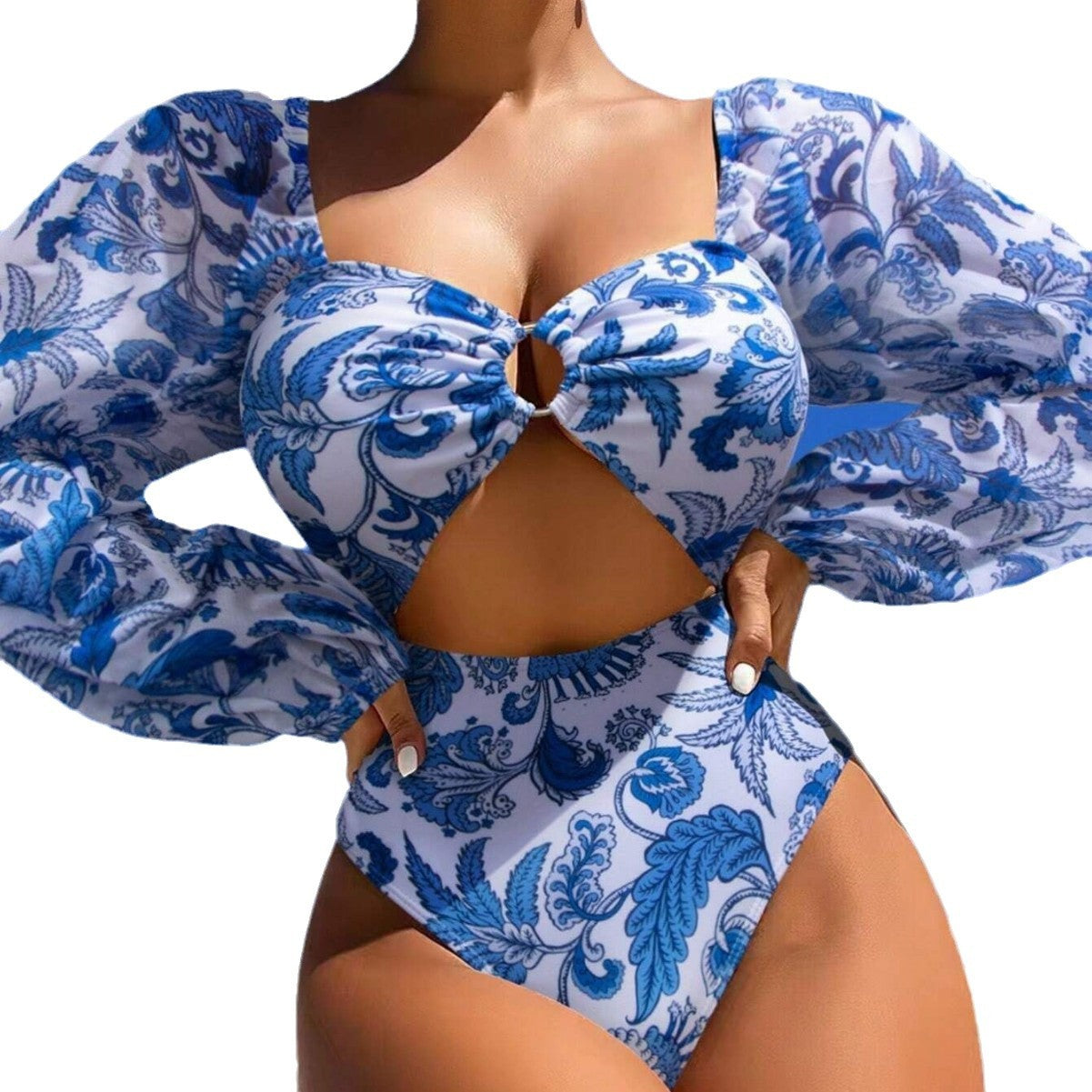 Swimsuit Printed Mesh Long Sleeve Popular One Piece Hollow Out Swimsuit