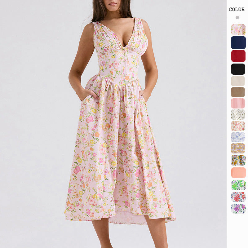Summer Slim Suspender Long Dress Fashion Printed V-Neck Temperament Dress
