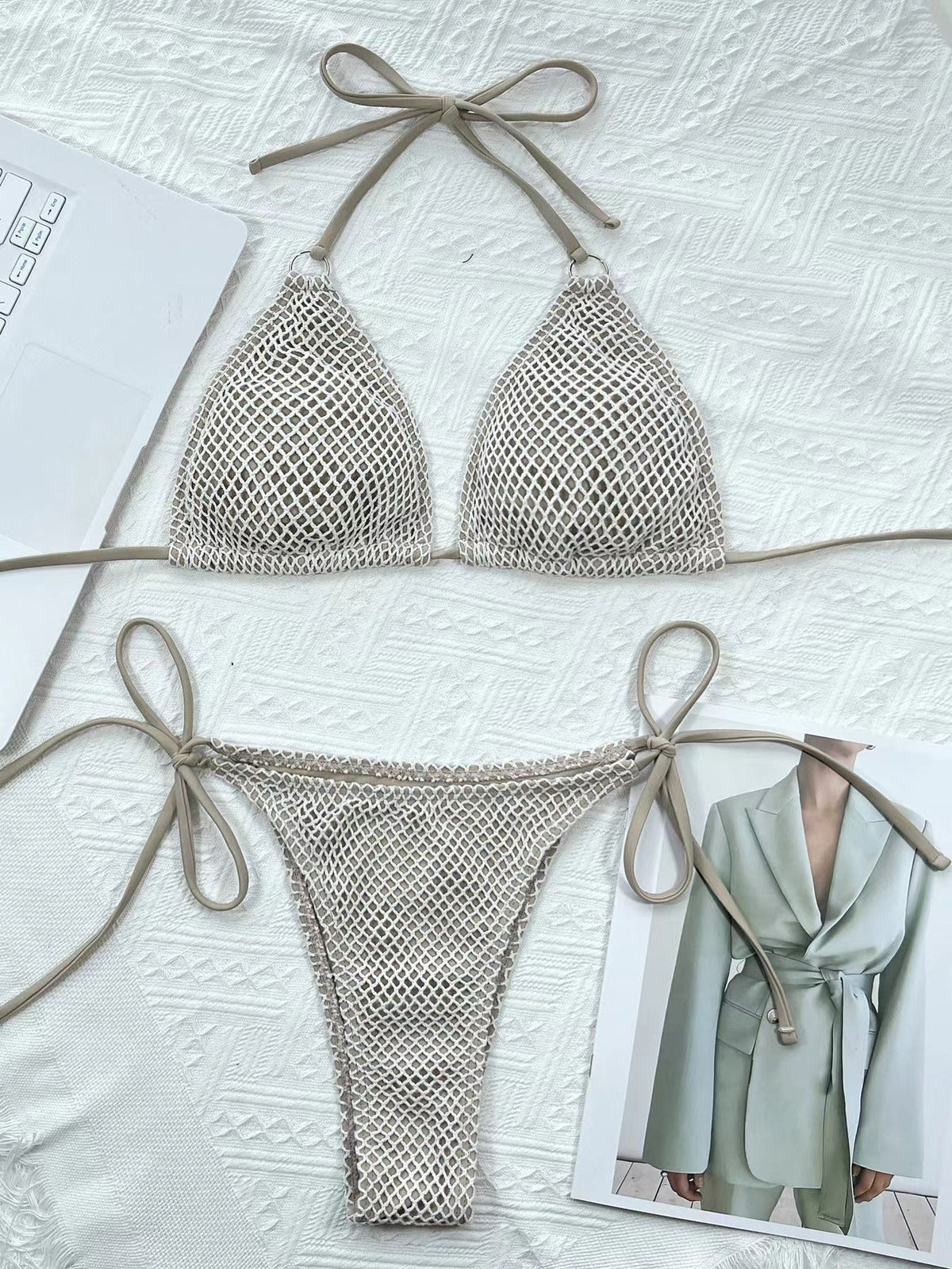 Mesh Fabric Solid Color Split Bikini Swimsuit, Stylish Sexy Beach Hot Spring Resort Swimsuit