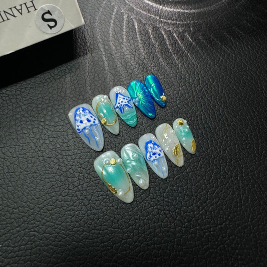 Original Sea Jellyfish Hand Painted Series HandmadePress on Nails Factory Wholesale