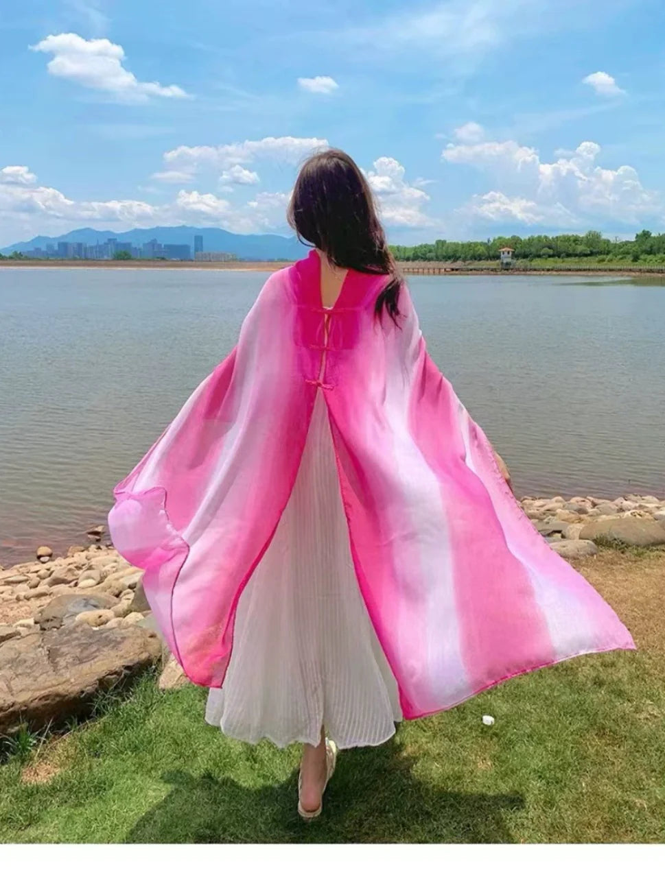 Travel Summer Gradient Shawl – Lightweight Cotton Blend, Buckle Detail