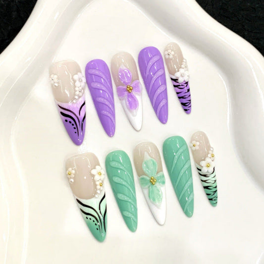 Mandarin Duck Purple Green Pinch Flower Spice Girl Long HandmadePress on Nails Fake Nails