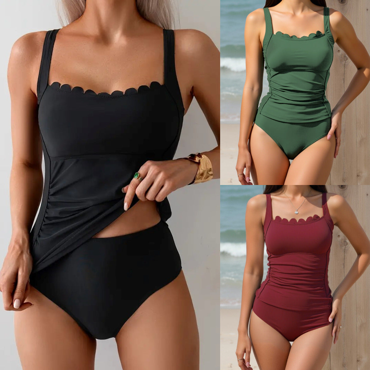 Black Two-Piece Tummy Control Slimming Chest Ruffled Straps Women's Swimsuit Bathing Suit